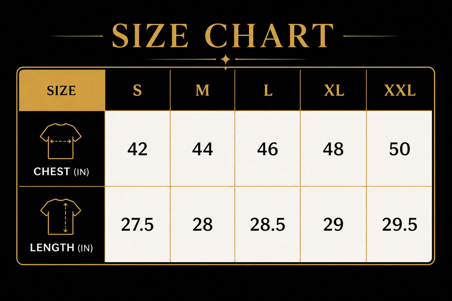 Persona size chart showing chest and length measurements for S, M, L, XL, and XXL